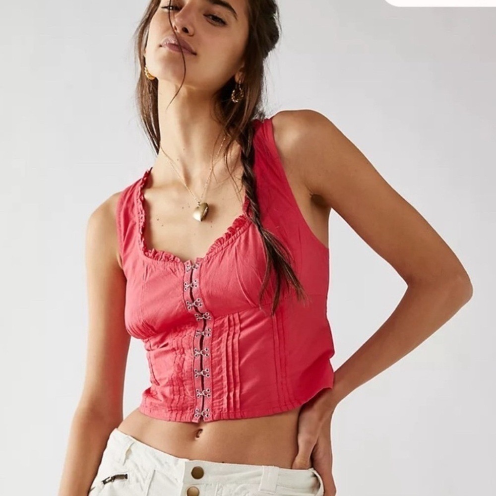 SIM‎ & SAM Red Hook and Eye Corset Style Cropped Top Tank Shirt Women L